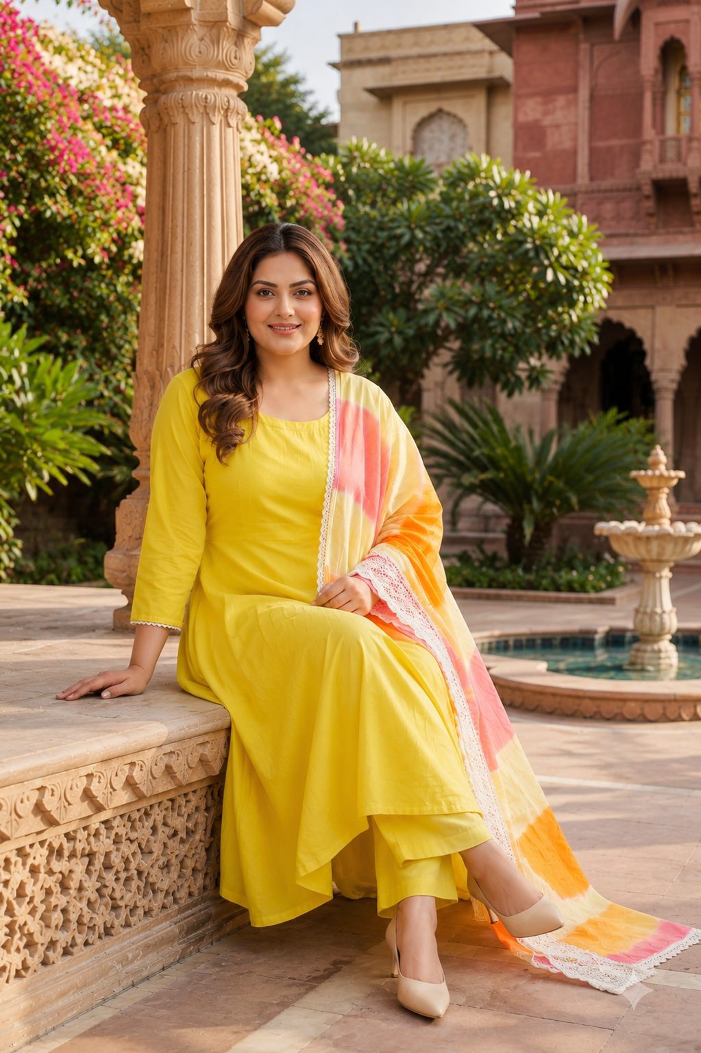 Yellow Mulmul Anarkali Suit Set - (Set of 3)