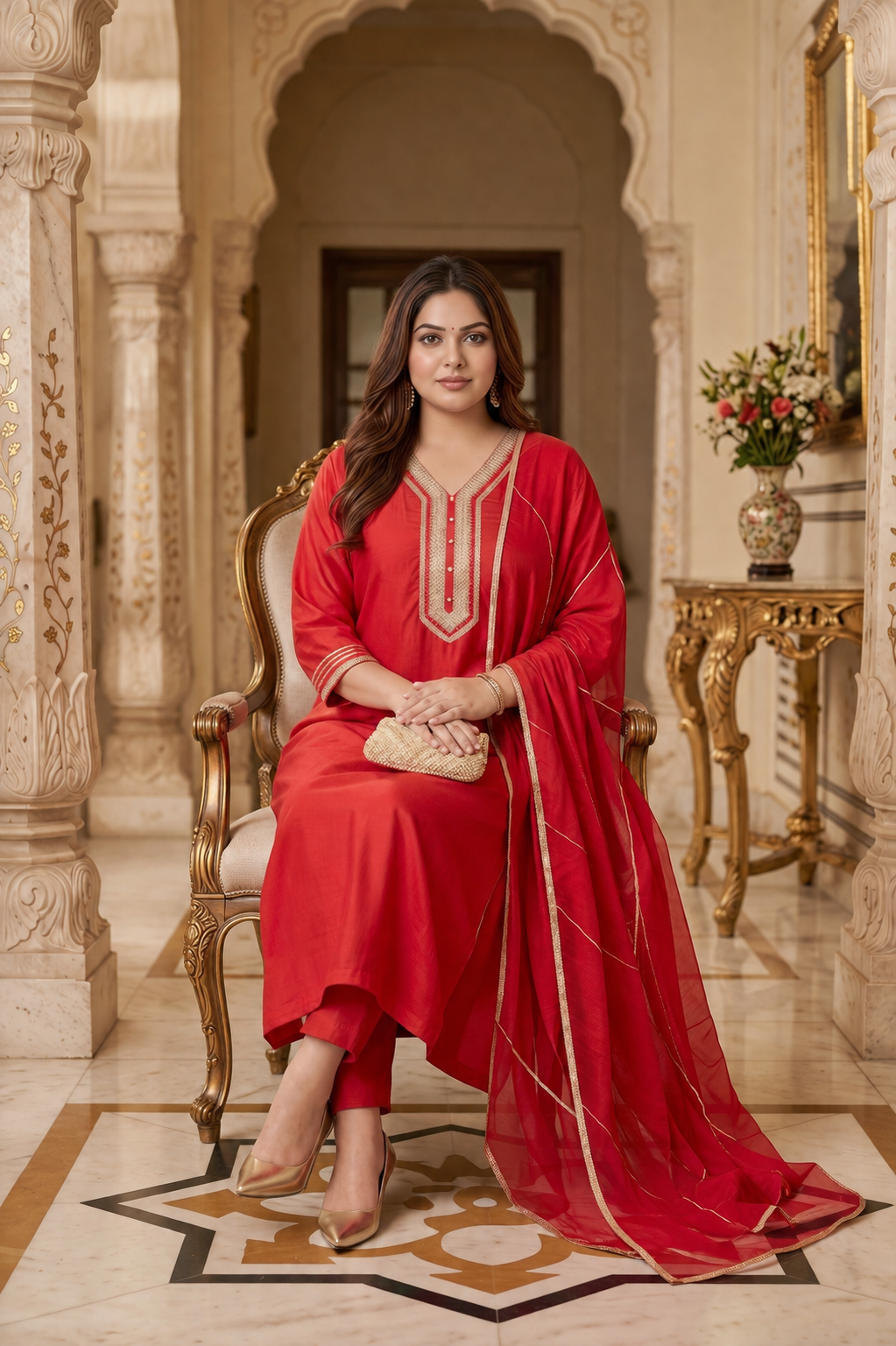 Crimson Red Cambric Cotton Kurta Pant Set with Dupatta(Set of 3)