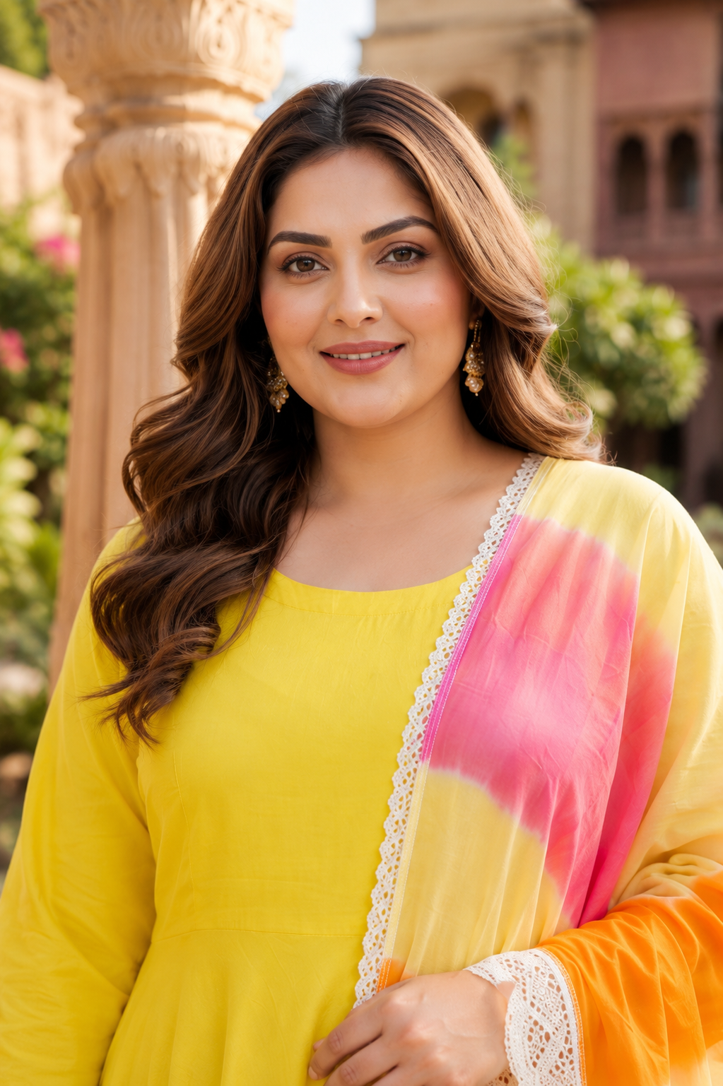 Yellow Mulmul Anarkali Suit Set - (Set of 3)