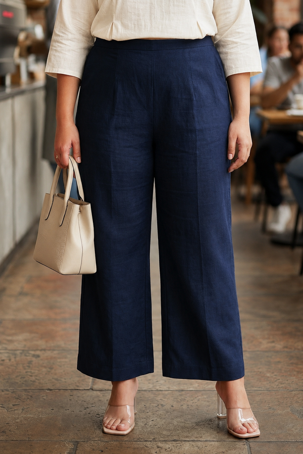 NAVY BLUE LINEN MID-RISE RELAXED FIT PANTS