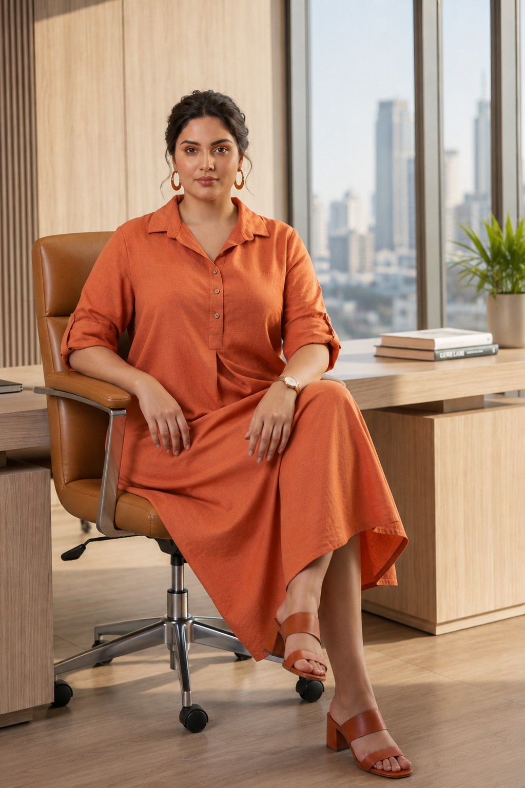 Rust Orange Mid-Length Linen Shirt Collar Dress