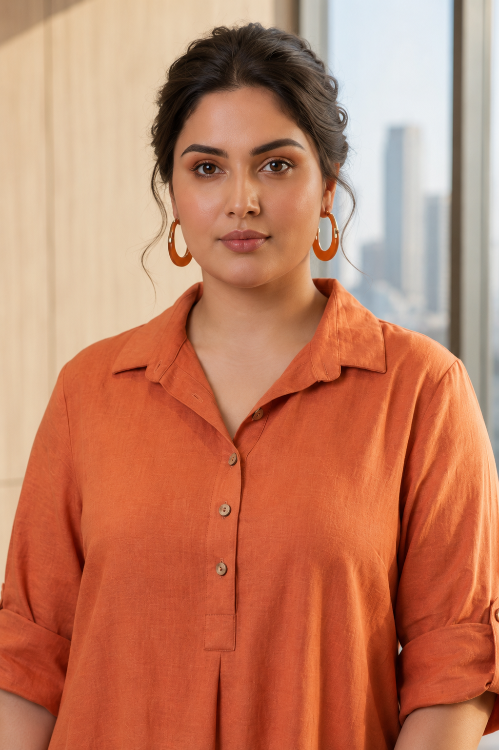 Rust Orange Mid-Length Linen Shirt Collar Dress