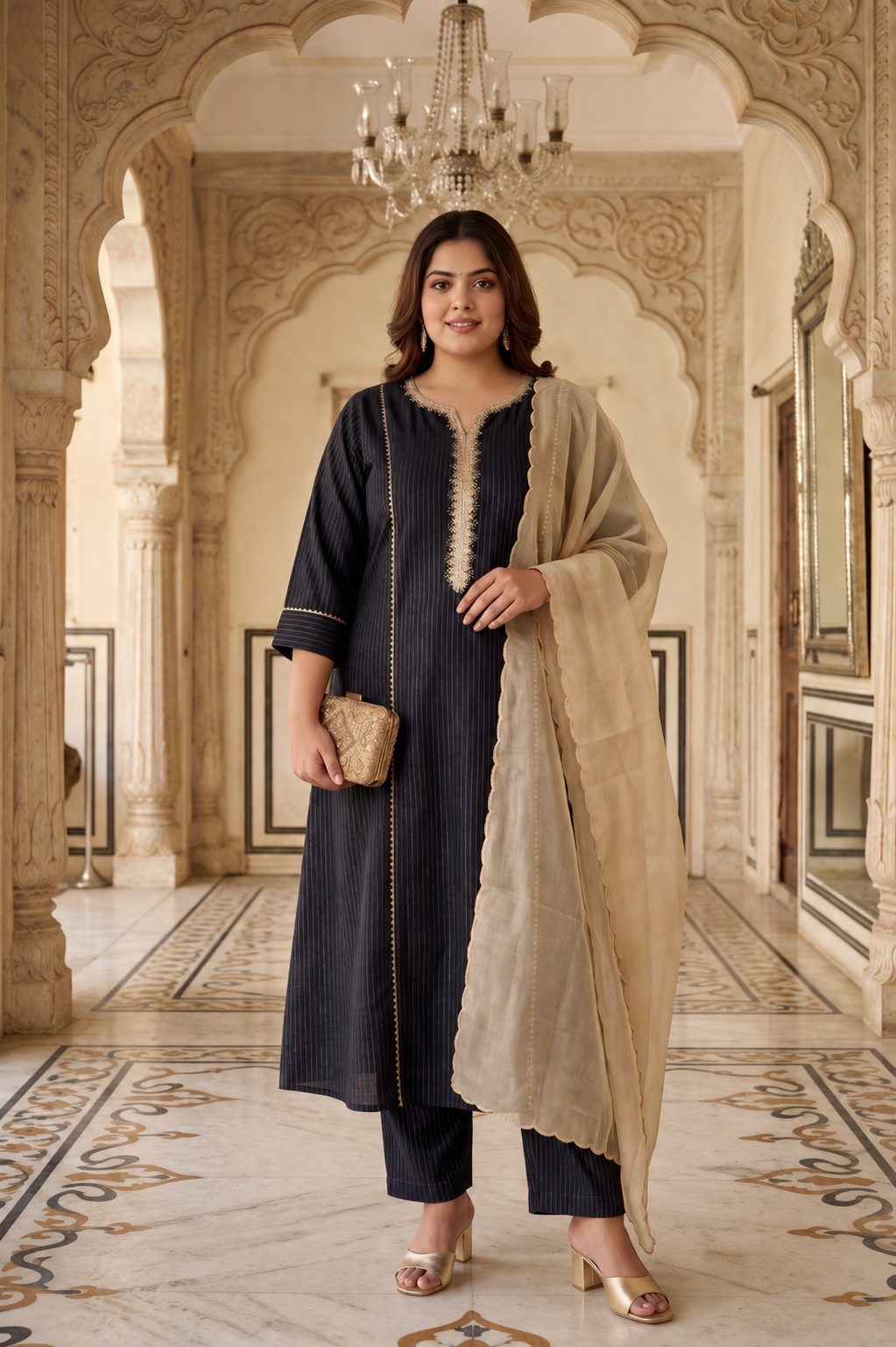 Black Golden Cotton Lurex Kurta Set - (Set of 3)
