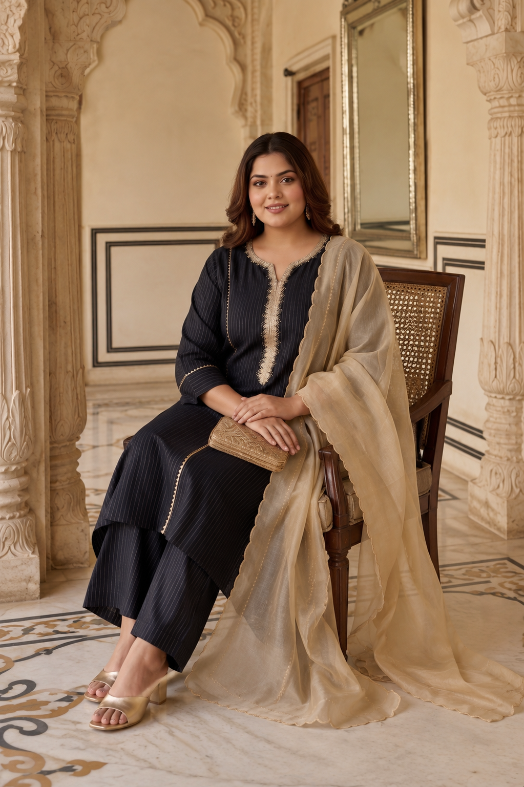 Black Golden Cotton Lurex Kurta Set - (Set of 3)