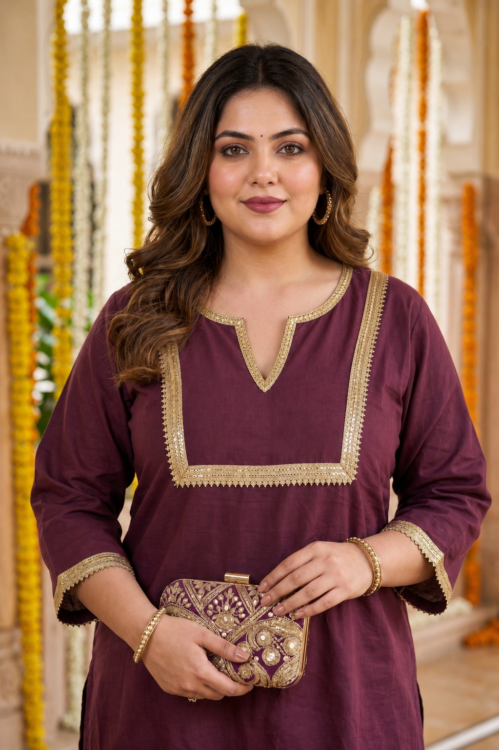 Wine Linen Kurta Pant Set with Dupatta (Set of 3)