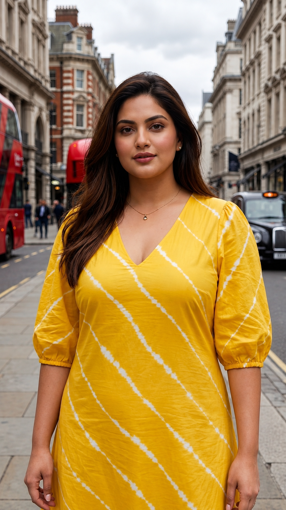 Plus Size Yellow Cotton Midi Dress – Tie-Dye Stripe V-Neck Casual Dress for Women