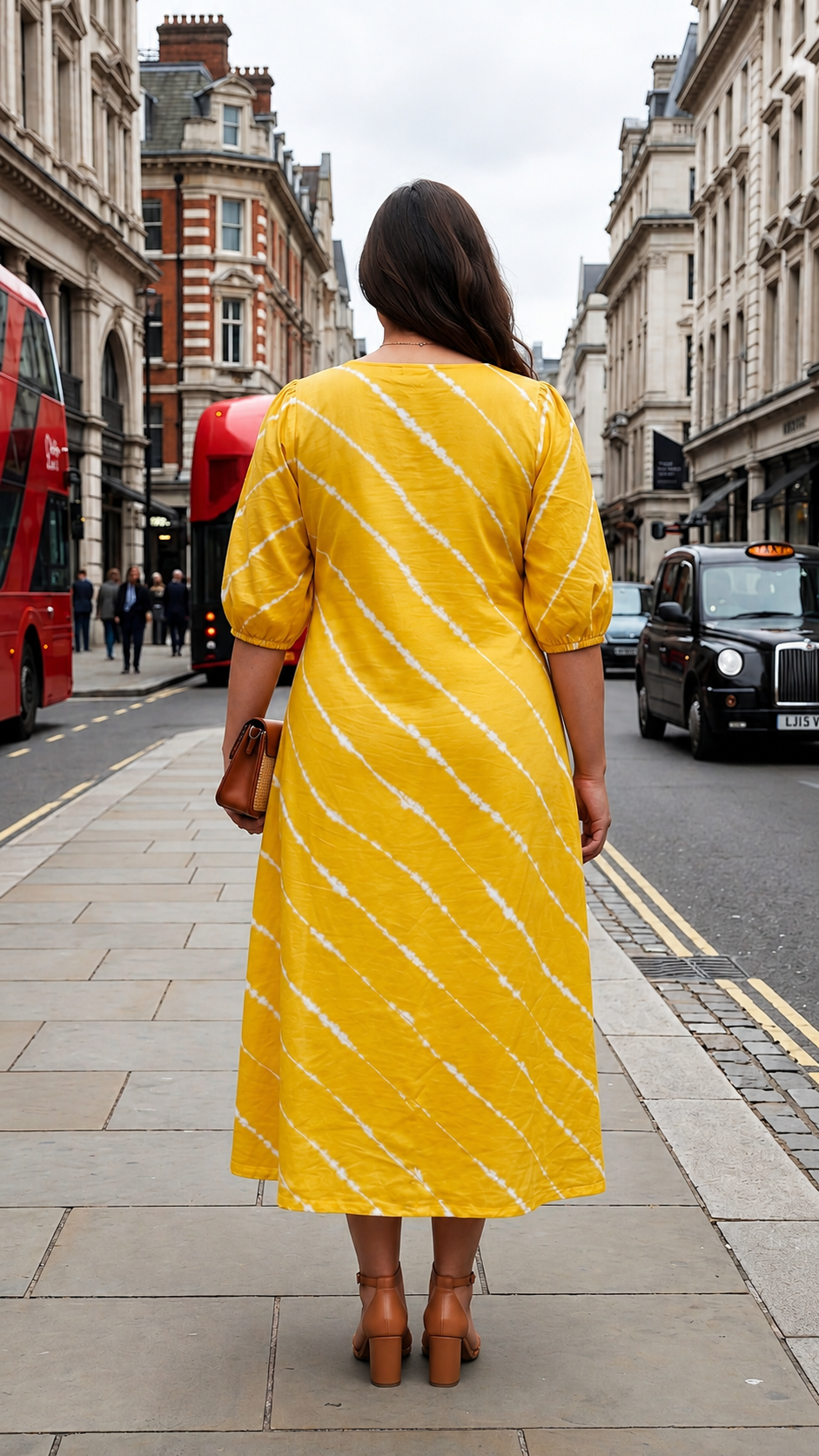 Plus Size Yellow Cotton Midi Dress – Tie-Dye Stripe V-Neck Casual Dress for Women