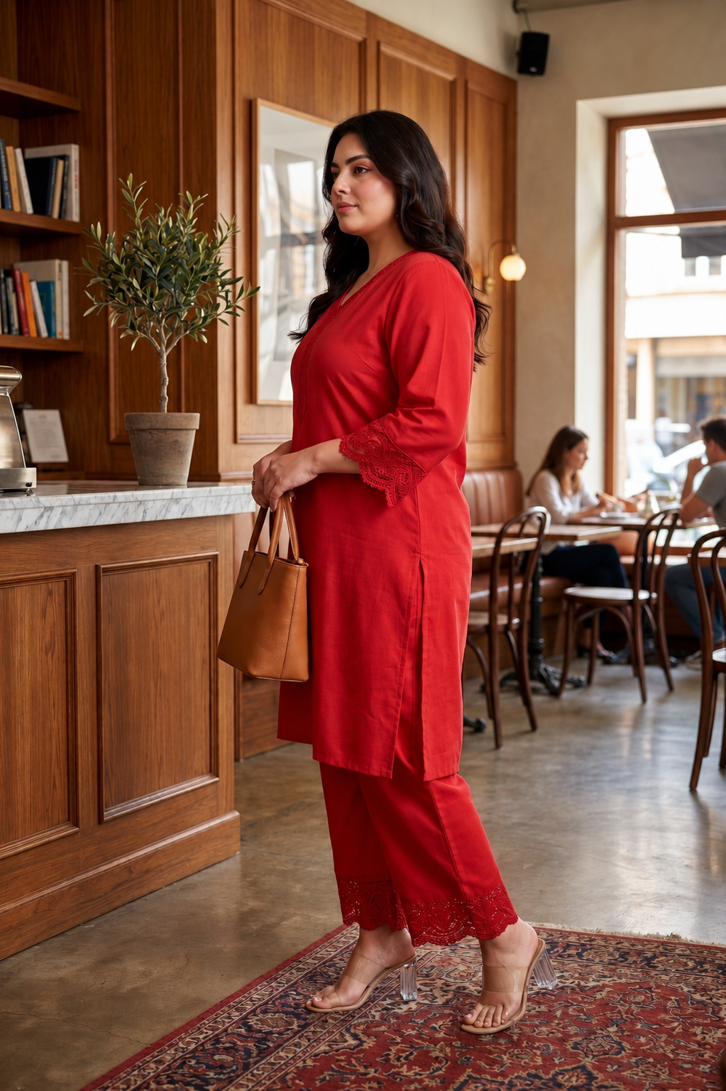 Plus Size Red Muslin Kurta Pant Set with Lace Detailings for Women
