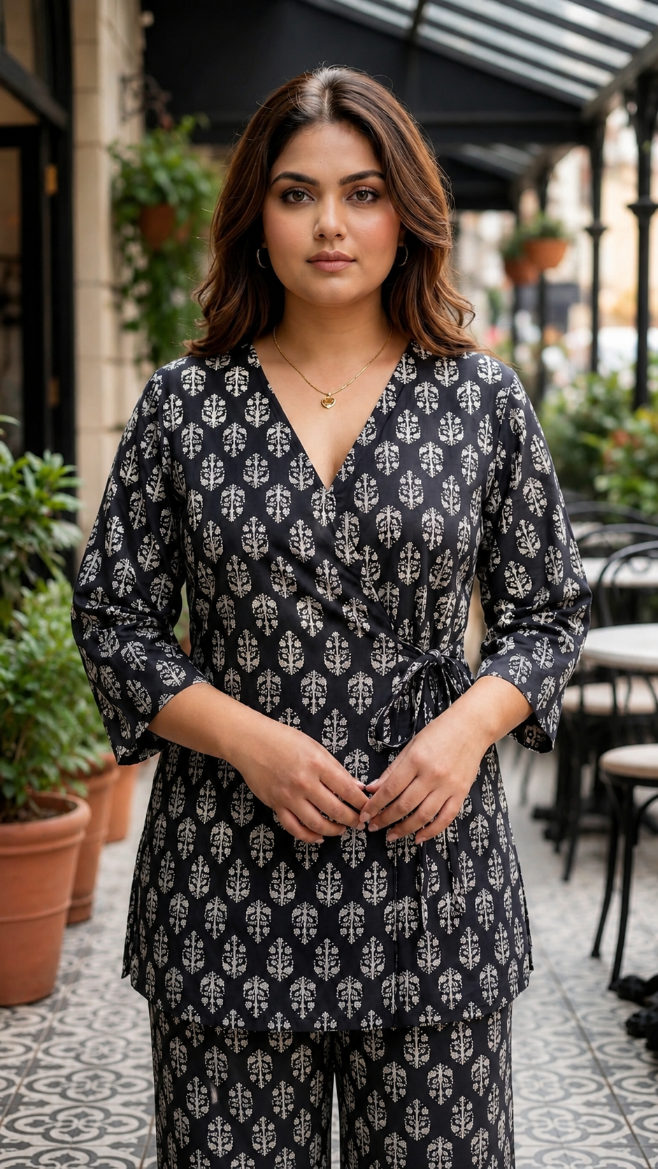 Plus Size Black Cotton Printed Cord Set for Women | Wrap Style Top & Wide Leg Pants