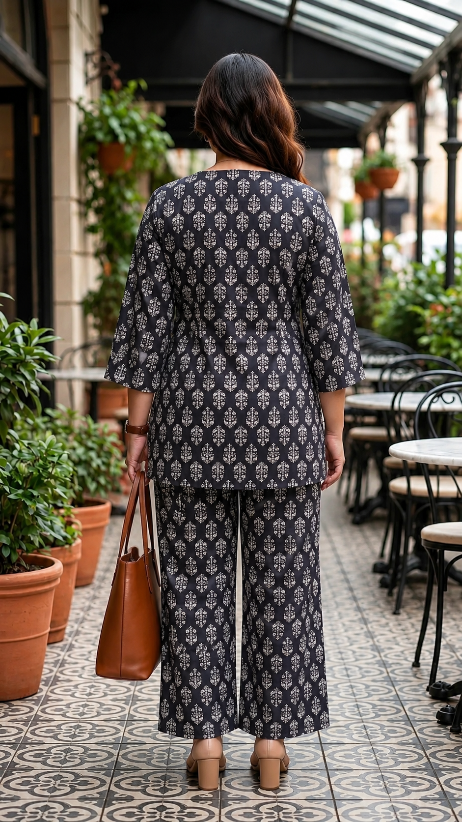 Plus Size Black Cotton Printed Cord Set for Women | Wrap Style Top & Wide Leg Pants