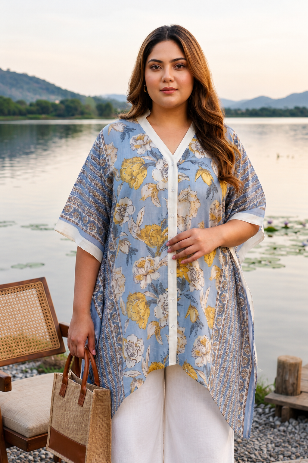 Floral Printed Mulmul Kaftan Pants Set(Set of 3)