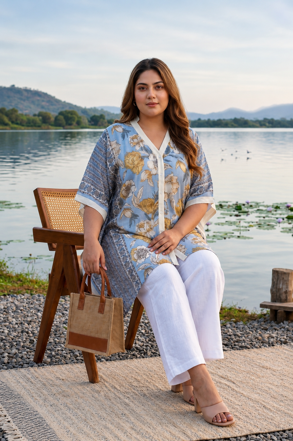 Floral Printed Mulmul Kaftan Pants Set(Set of 3)