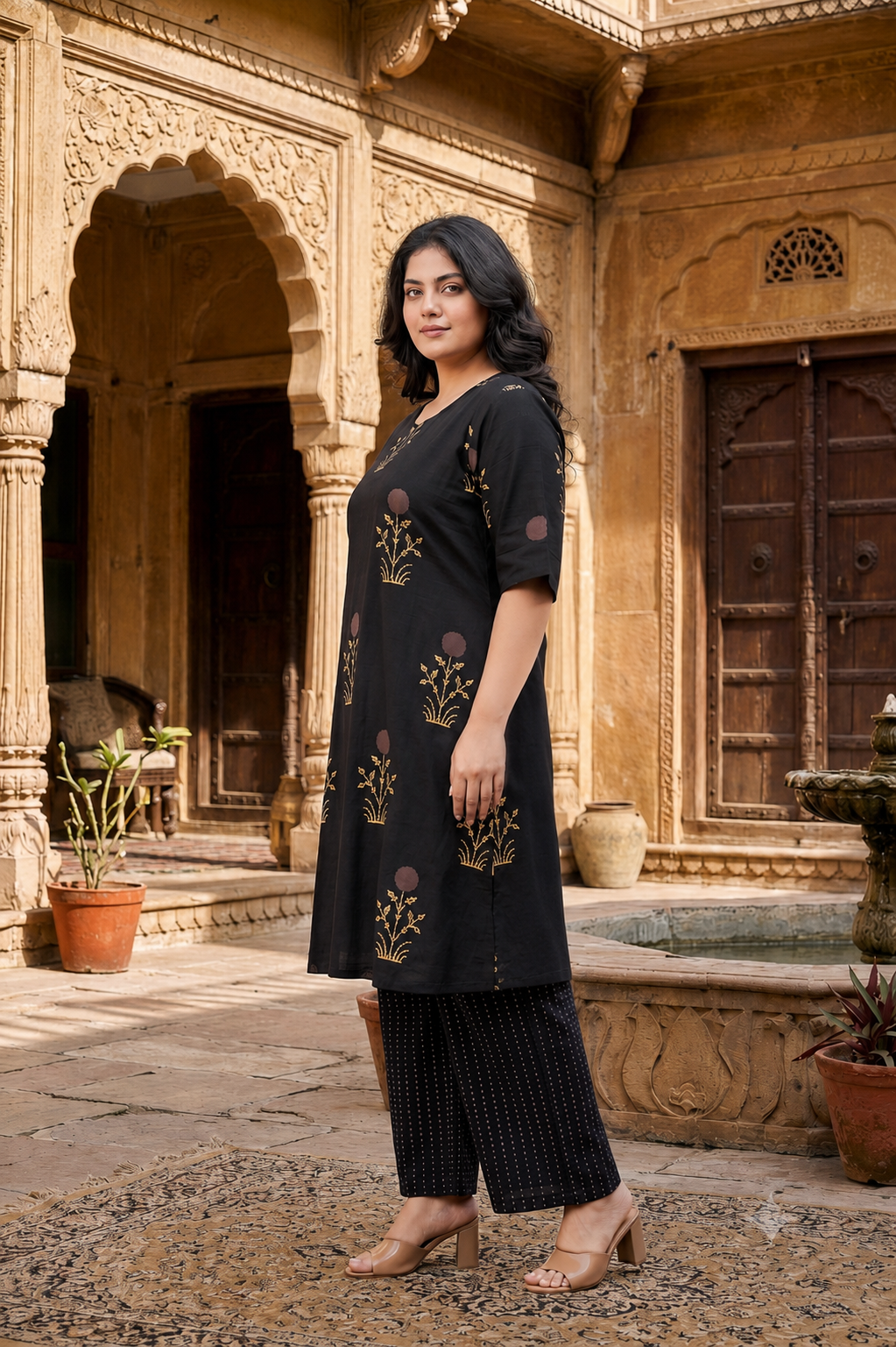 Black Bagru Print Boota & Stripes Co-ord set