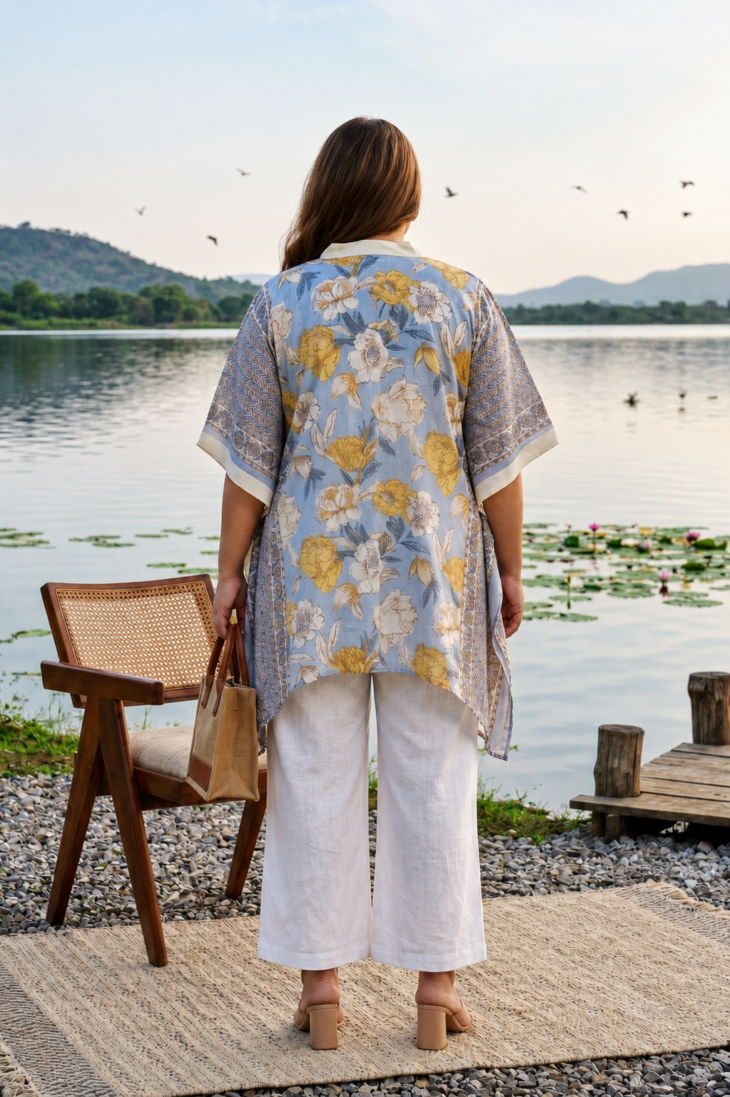 Floral Printed Mulmul Kaftan Pants Set(Set of 3)