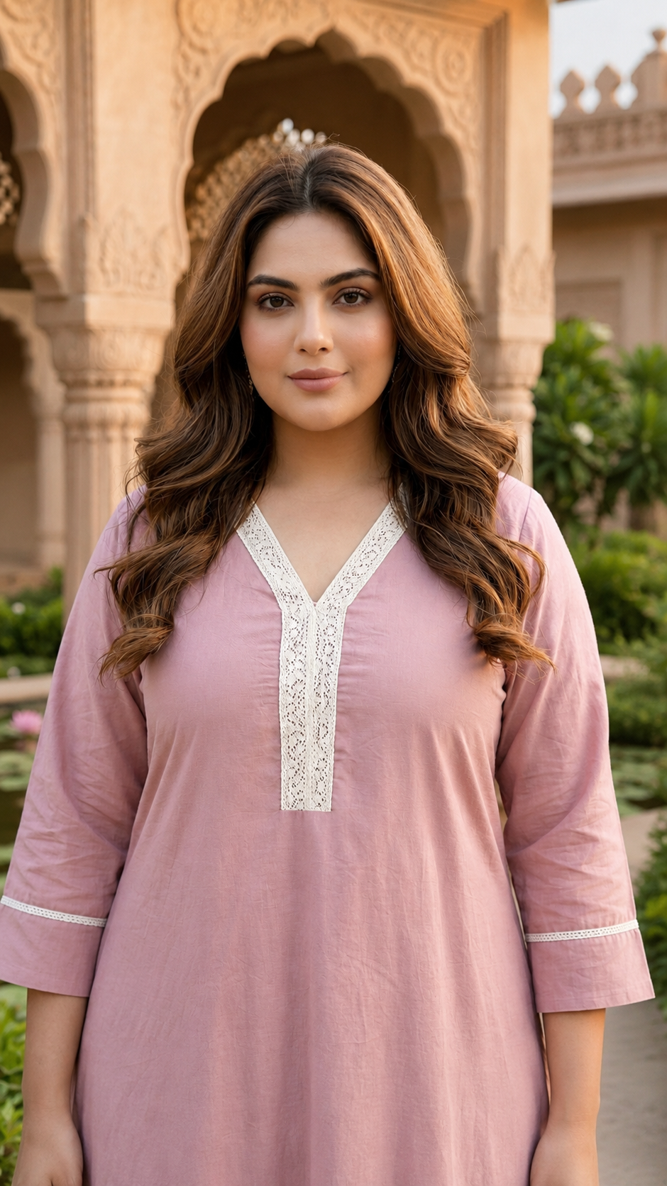 Elegant V-Neck Blush Pink Chinnon Kurta For Women (Only Kurta)