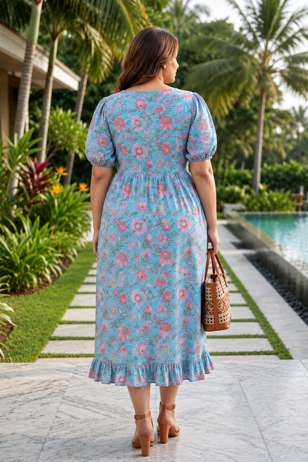 Sky Blue Hand Block Printed Floral Cotton Maxi Dress