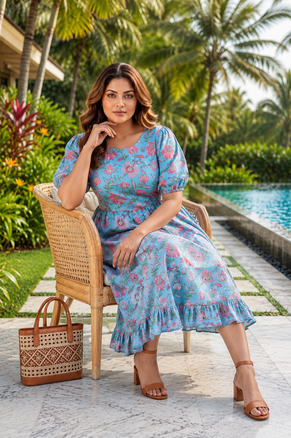 Sky Blue Hand Block Printed Floral Cotton Maxi Dress