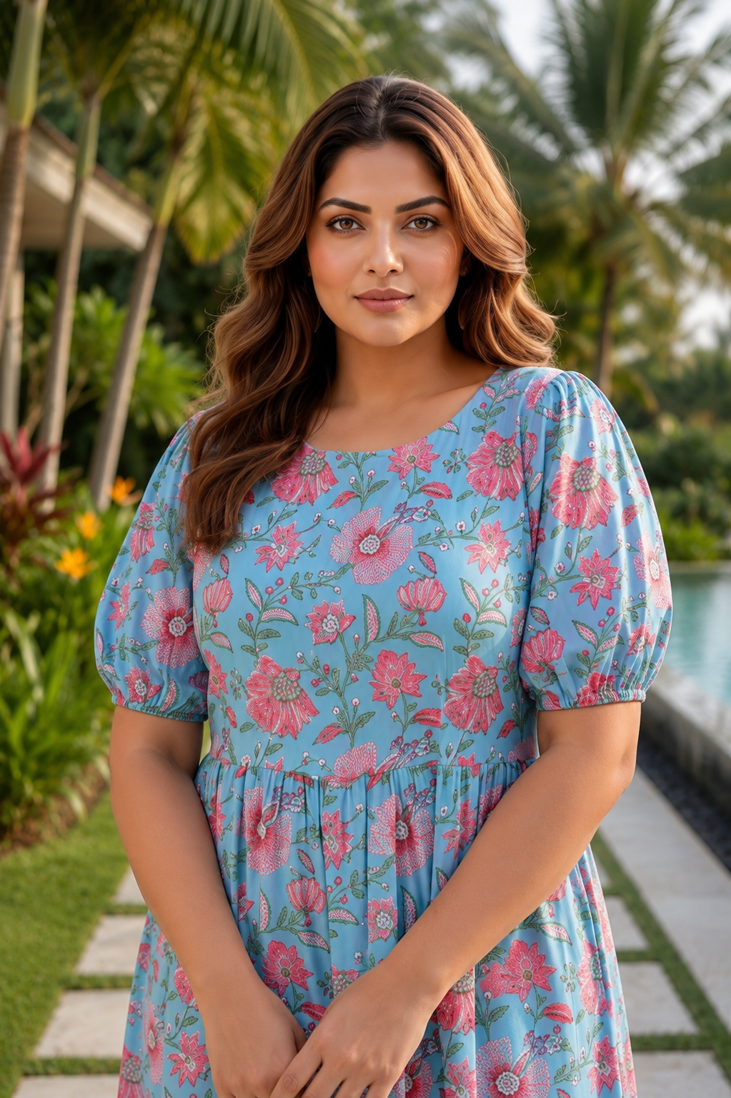 Sky Blue Hand Block Printed Floral Cotton Maxi Dress