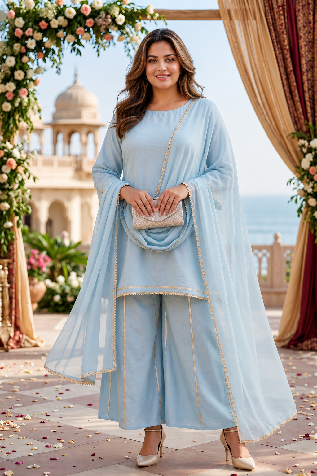 Sky Blue Roman Silk Kurta Set with Dupatta For Women