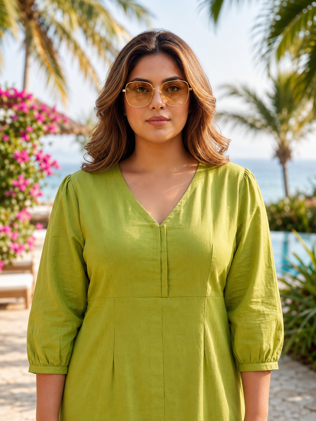 Lime Green Linen Midi Dress For Women
