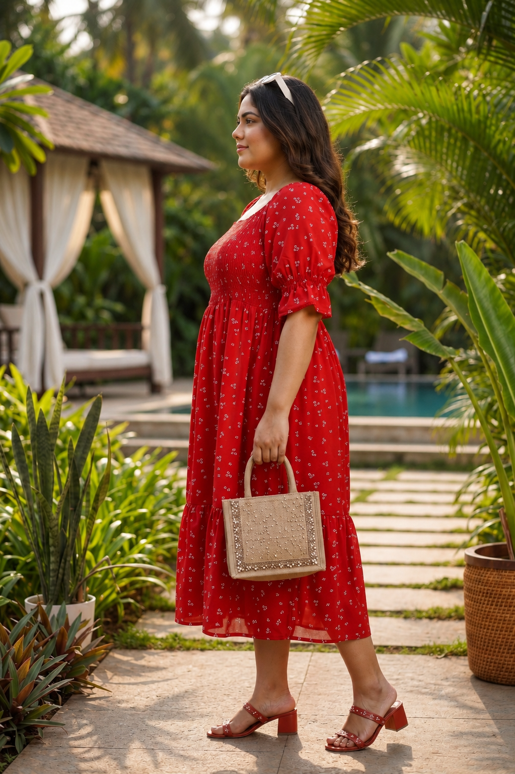 Smocked Fit & Flare Satin Blend Floral Midi Dress
