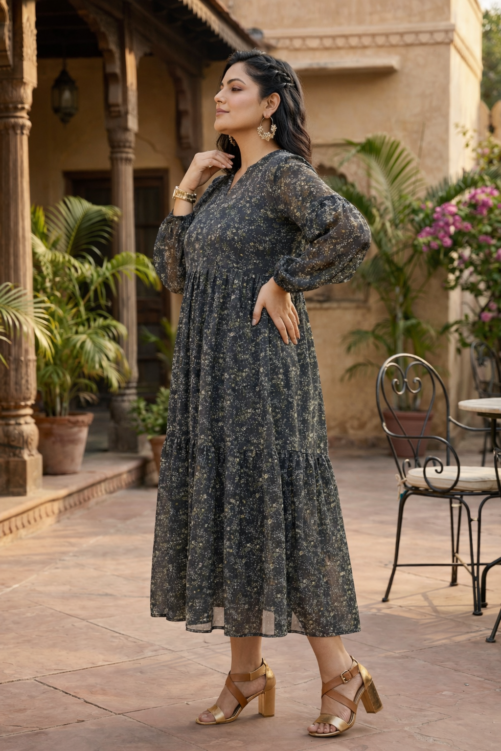 Blue Floral Printed Viscose Georgette Midi Dress