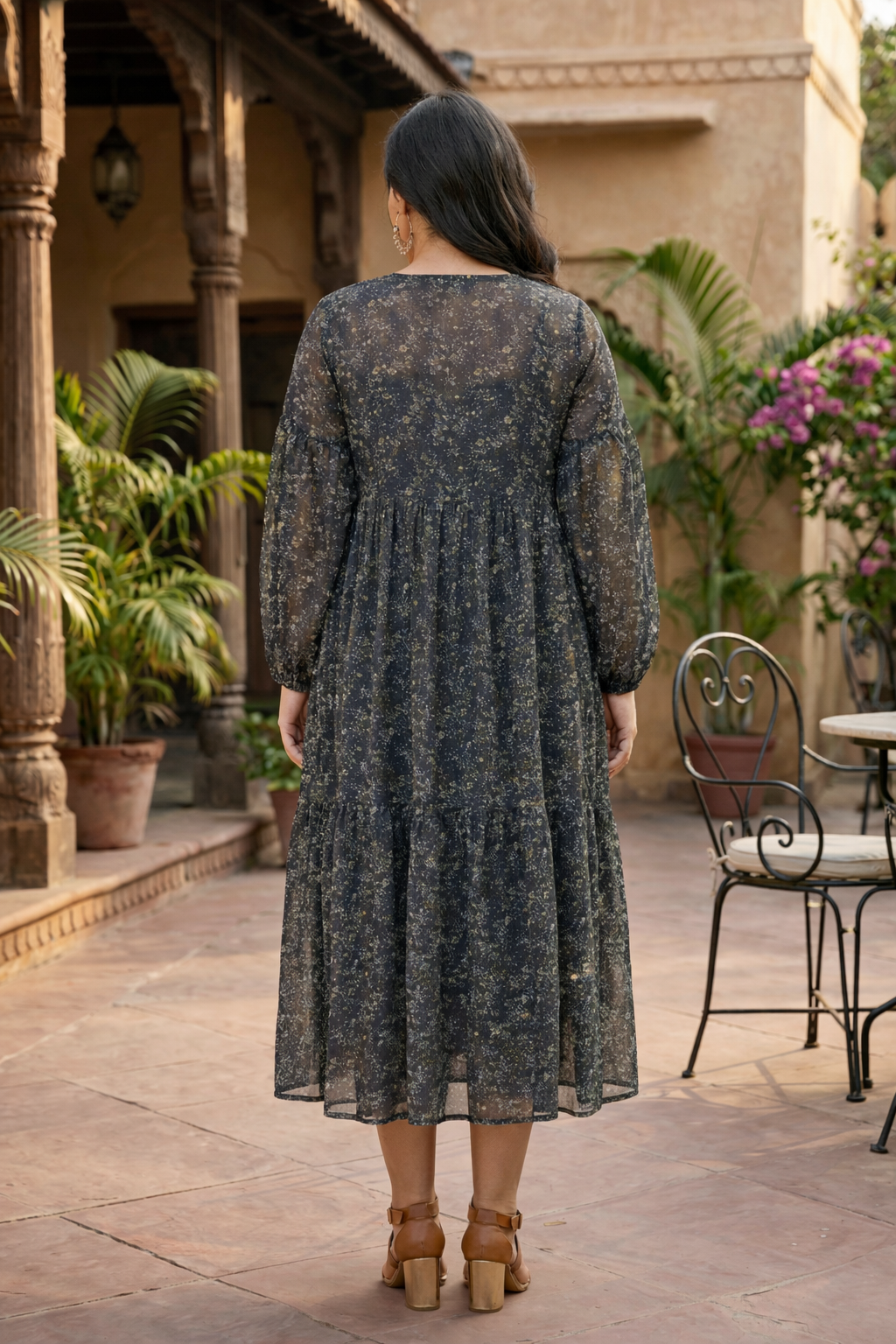 Blue Floral Printed Viscose Georgette Midi Dress