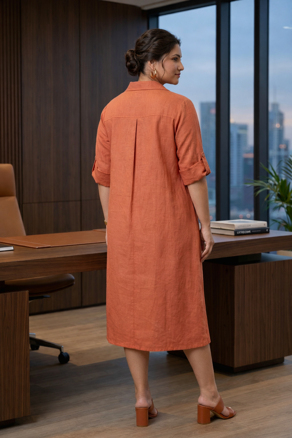 Rust Orange Mid-Length Linen Shirt Collar Dress