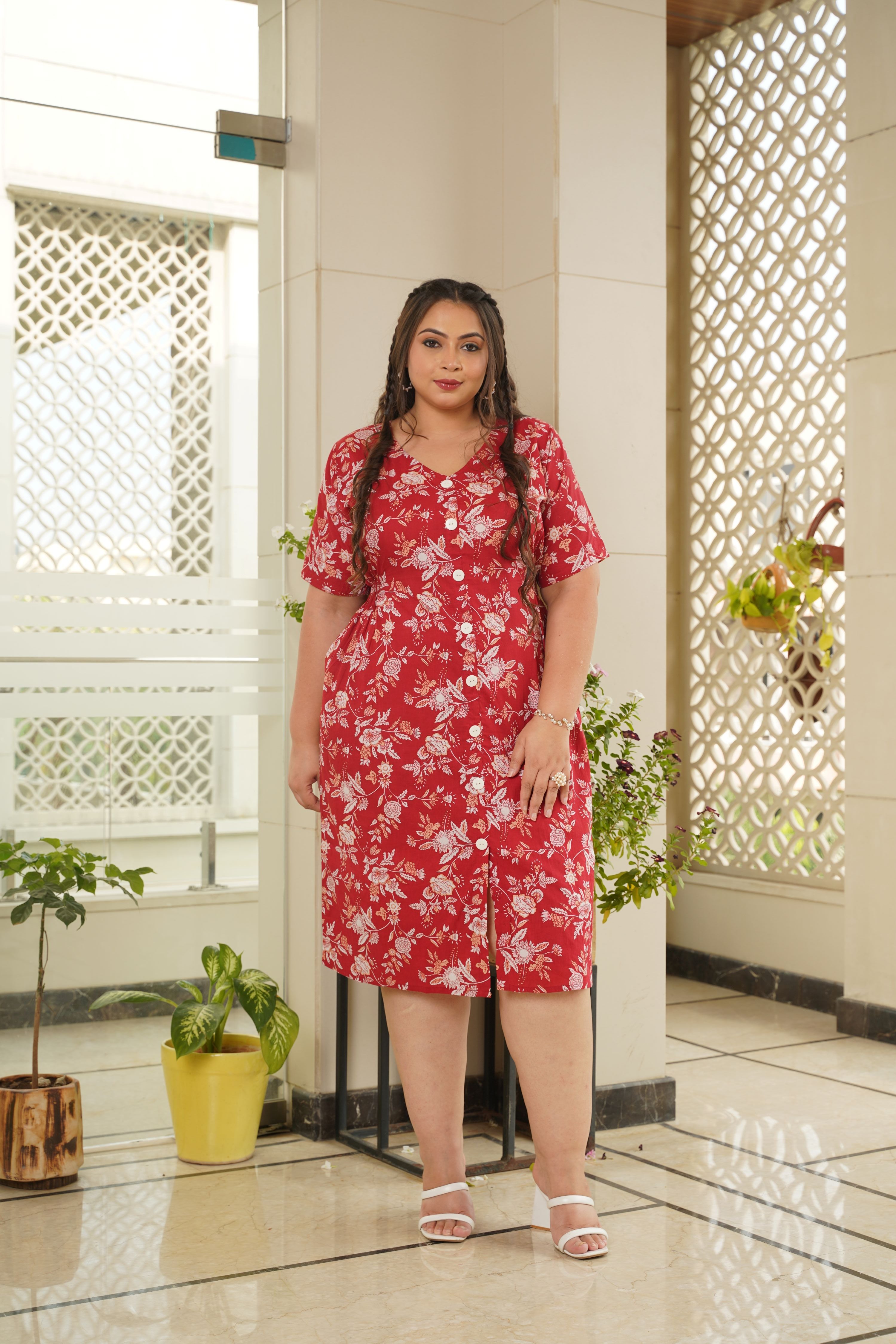 Red Floral Cotton Button Down Dress - Plus size