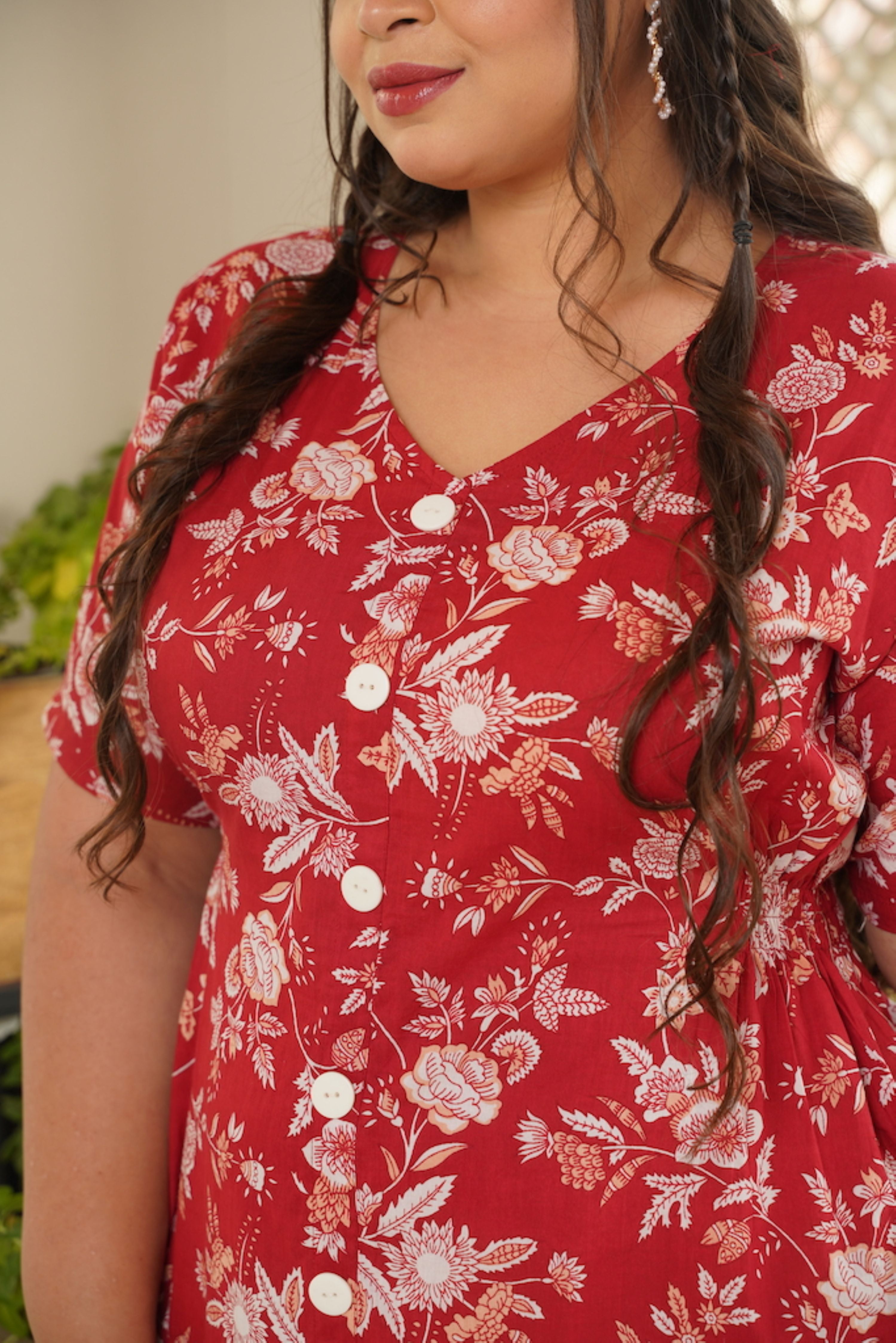 Red Floral Cotton Button Down Dress - Plus size