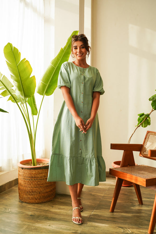 Cotton Dusty Green Tiered Shirt Dress- Regular Size