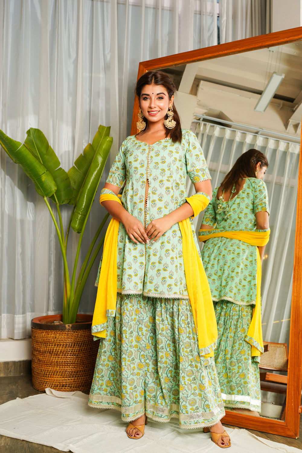 Mint Yellow Gotta Lace Sharara Set - (Set of 3)