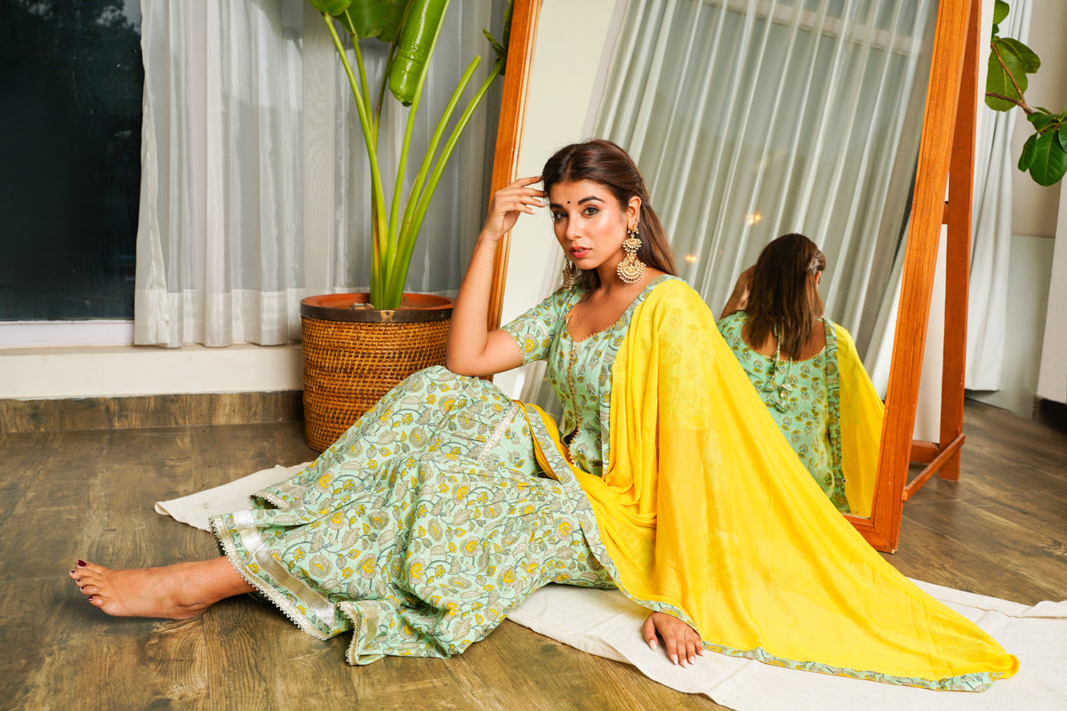 Mint Yellow Gotta Lace Sharara Set - (Set of 3)