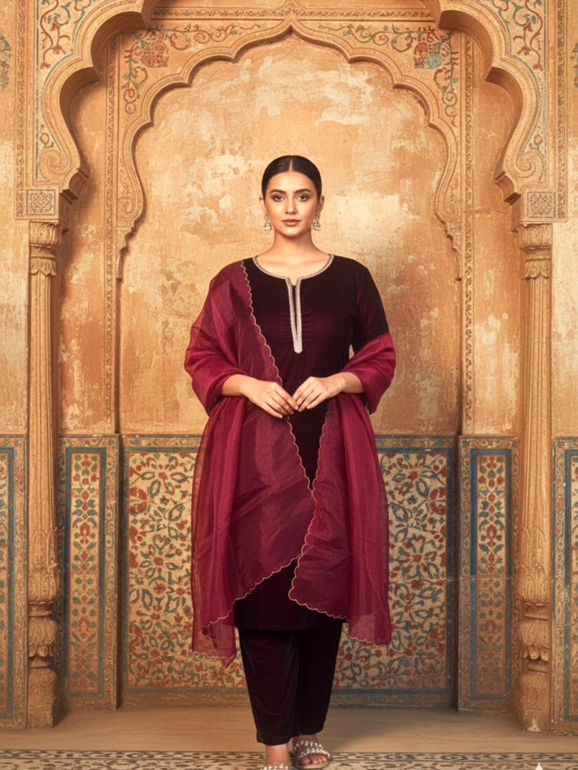 Wine Velvet Kurta Set - (Set of 3)