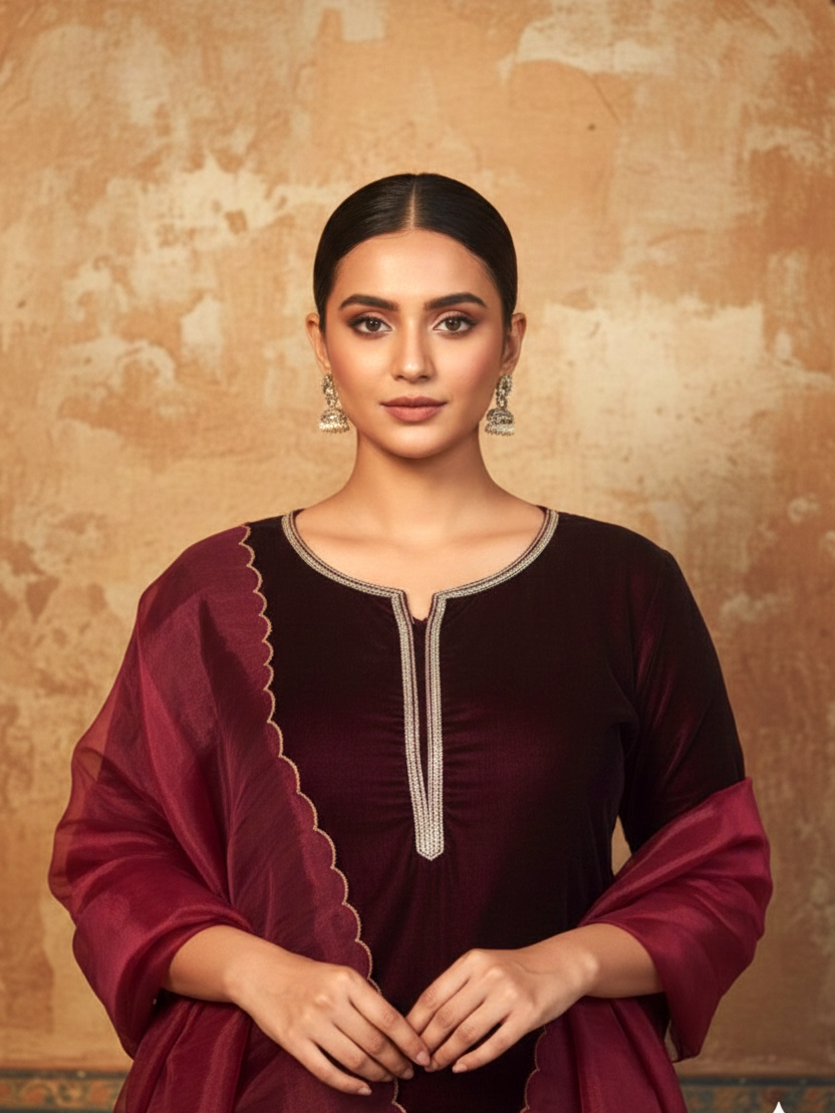 Wine Velvet Kurta Set - (Set of 3)