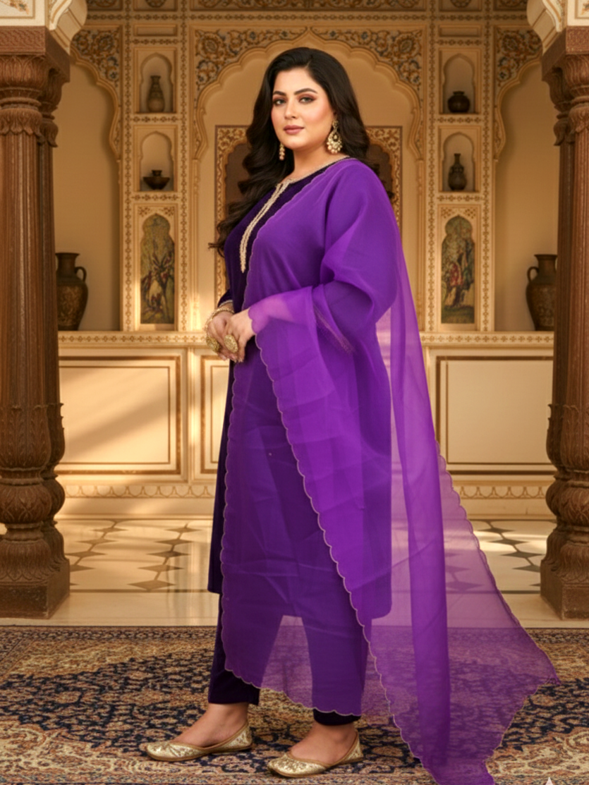 Regular Purple Velvet Kurta Set (Set of 3)