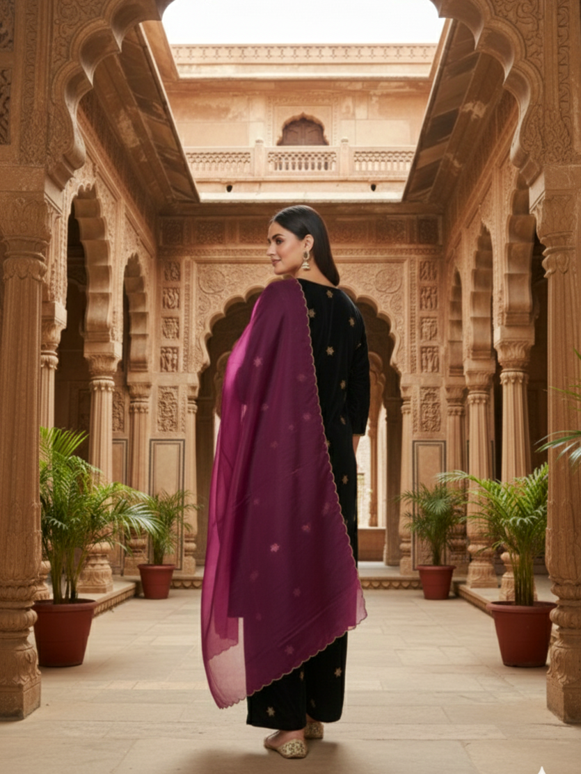 Regular Wine Embroidered Velvet Kurta Set (Set of 3)