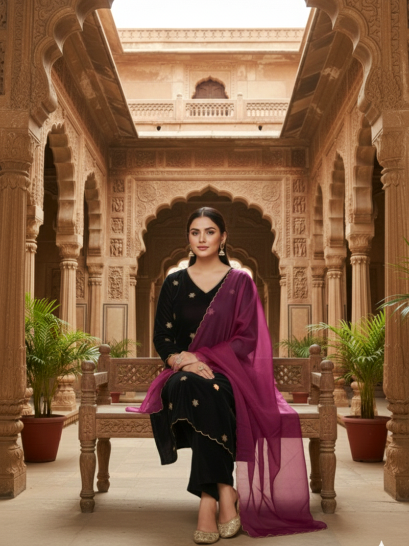 Regular Wine Embroidered Velvet Kurta Set (Set of 3)