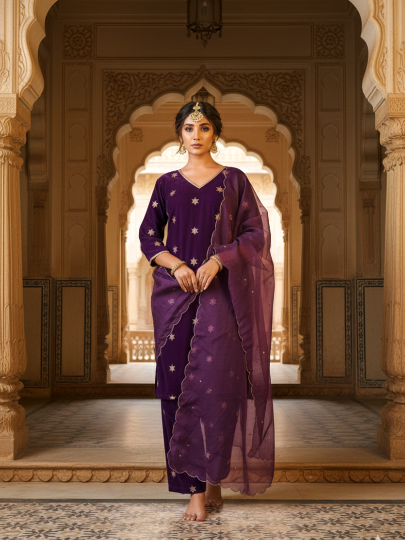 Purple Embroidered Velvet Kurta Set - (Set of 3)