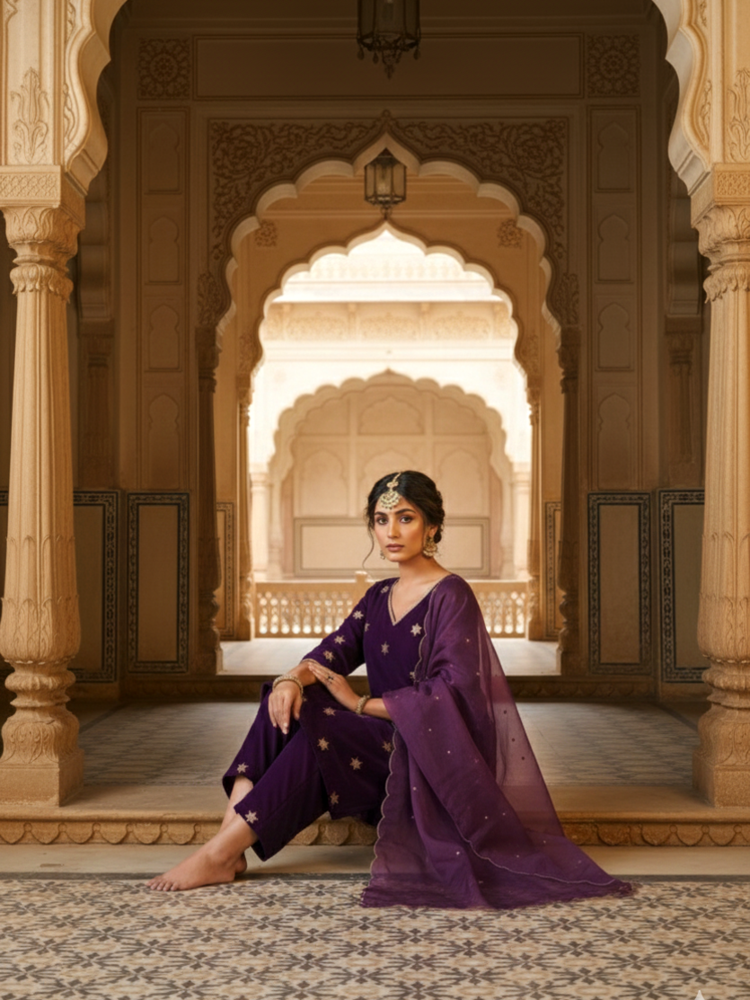 Purple Embroidered Velvet Kurta Set - (Set of 3)