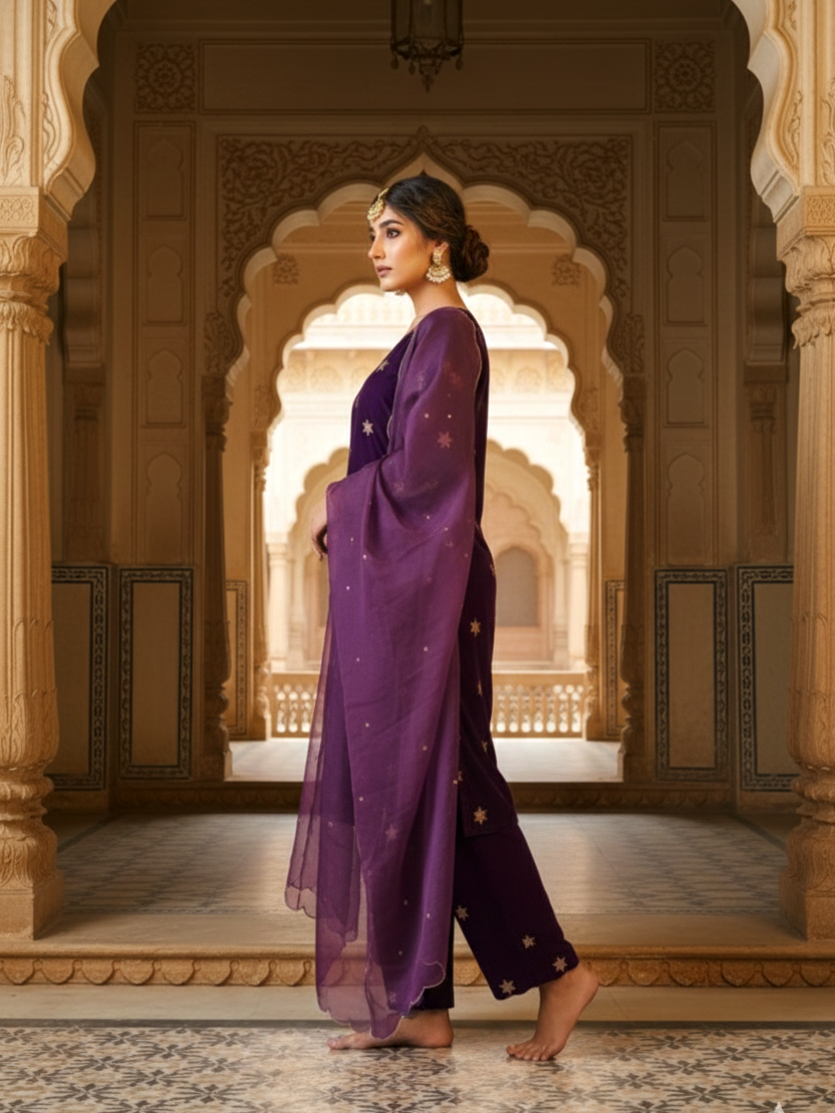 Purple Embroidered Velvet Kurta Set - (Set of 3)