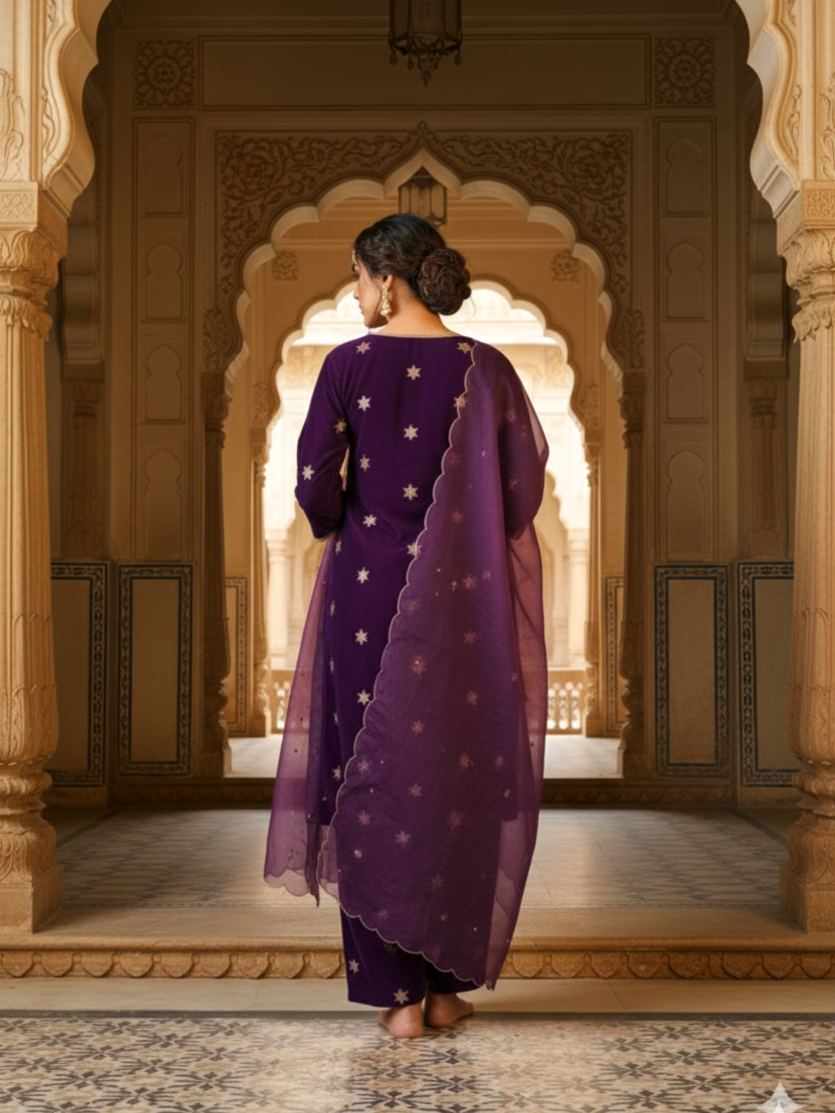 Purple Embroidered Velvet Kurta Set - (Set of 3)