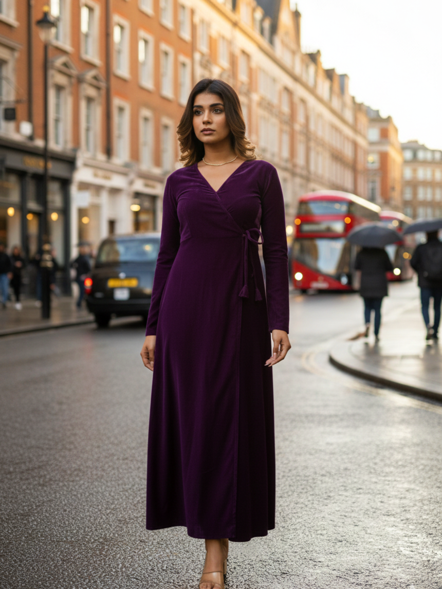 Purple Velvet Wrap Gown