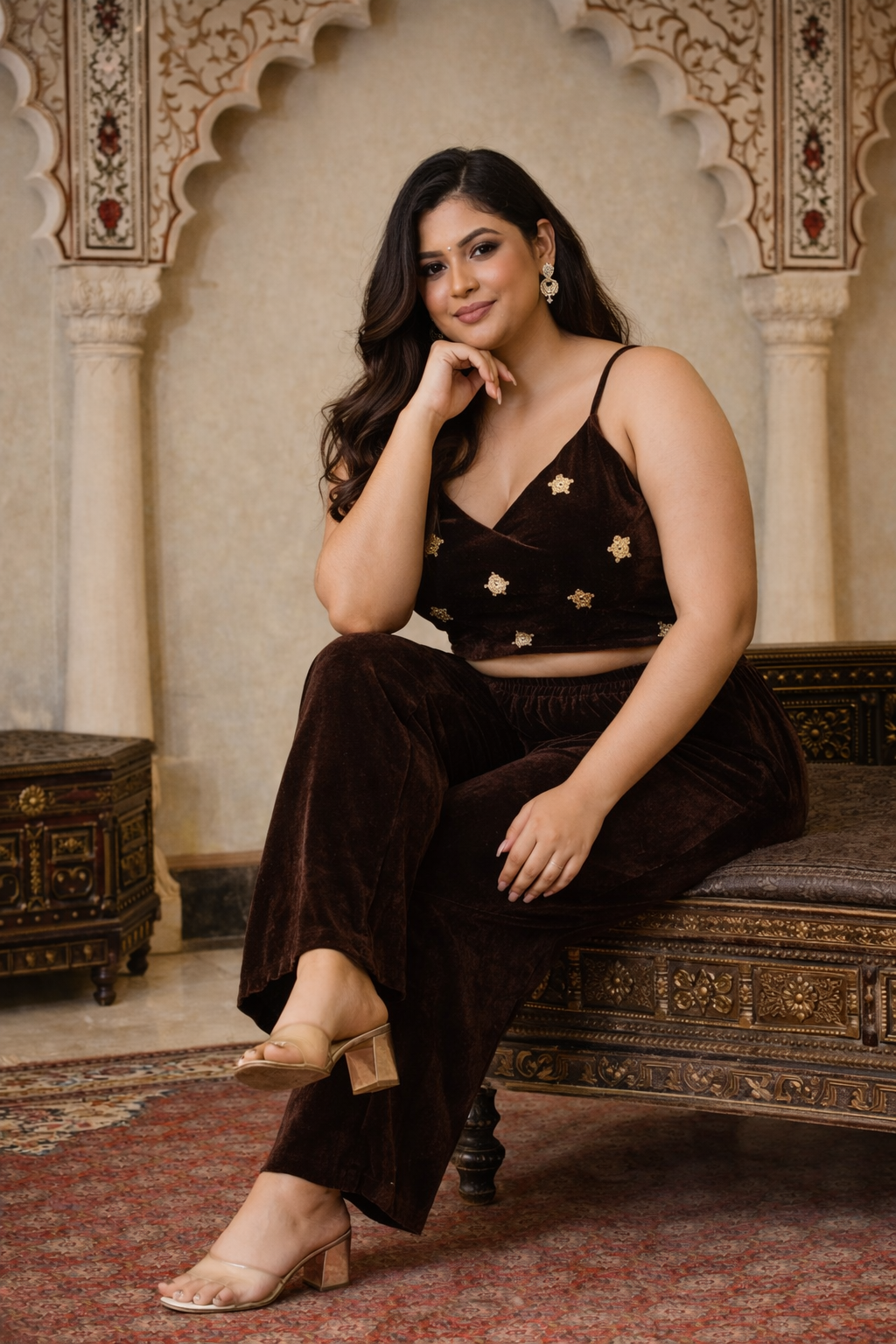 BROWN VELVET MID-RISE RELAXED FIT PANTS- plus size
