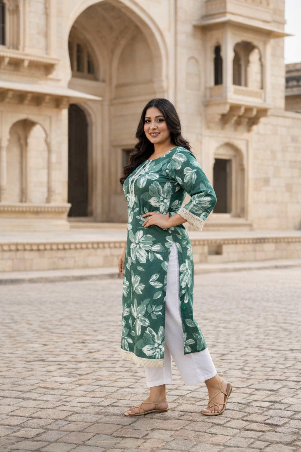 Deep Forest Green Floral Print Cotton Kurta Top