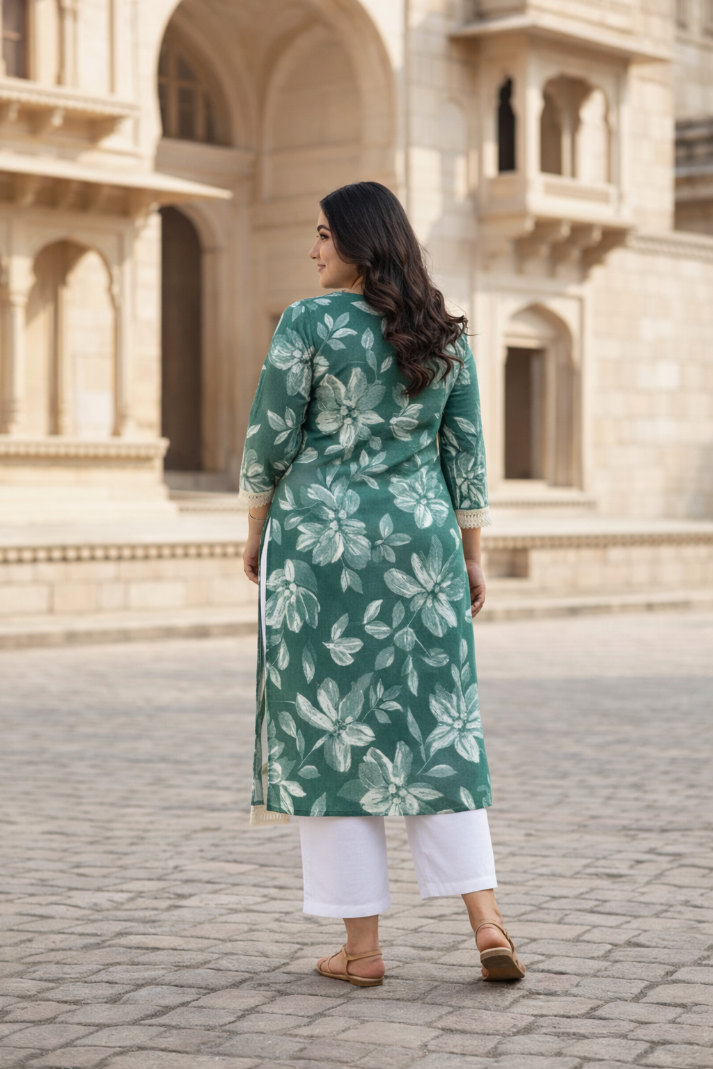 Deep Forest Green Floral Print Cotton Kurta Top