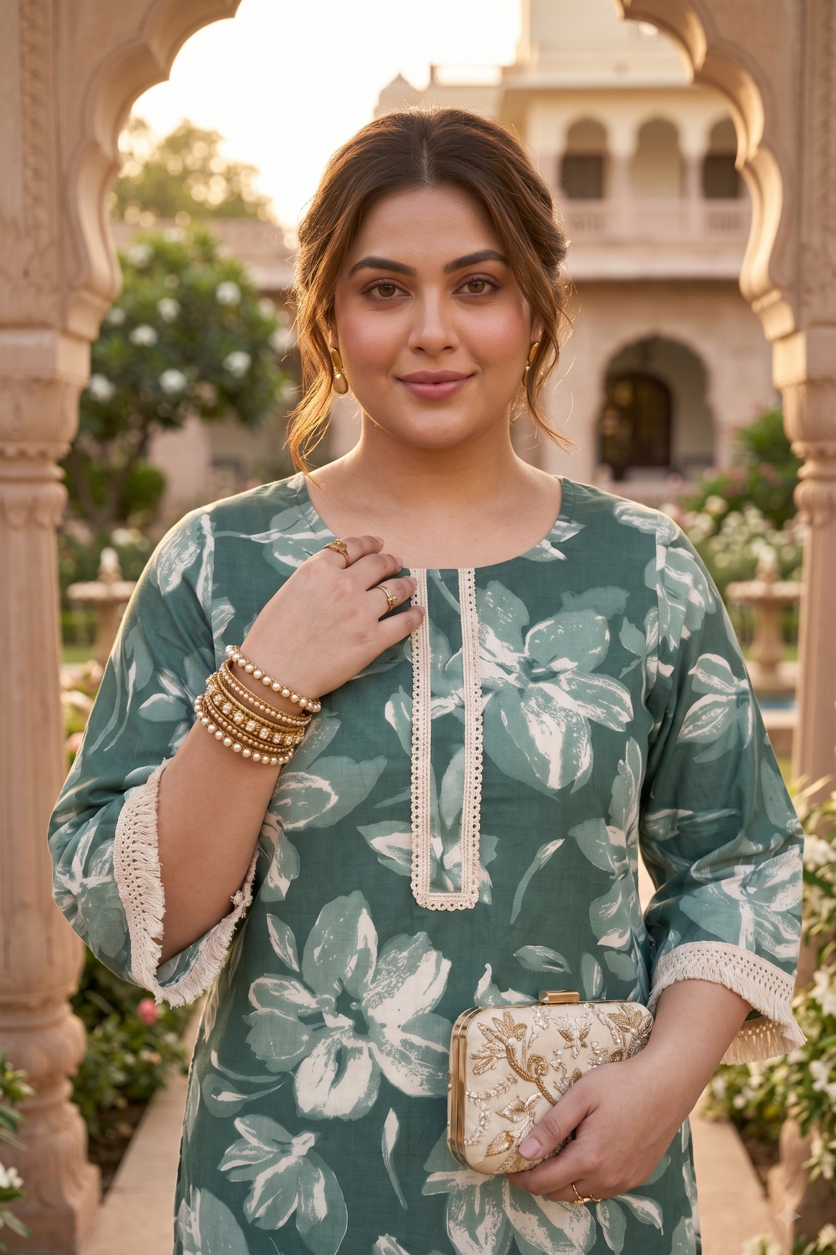 Deep Forest Green Floral Print Cotton Kurta