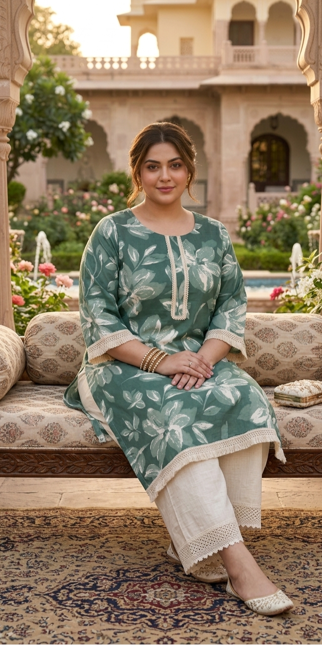 Deep Forest Green Floral Print Cotton Kurta