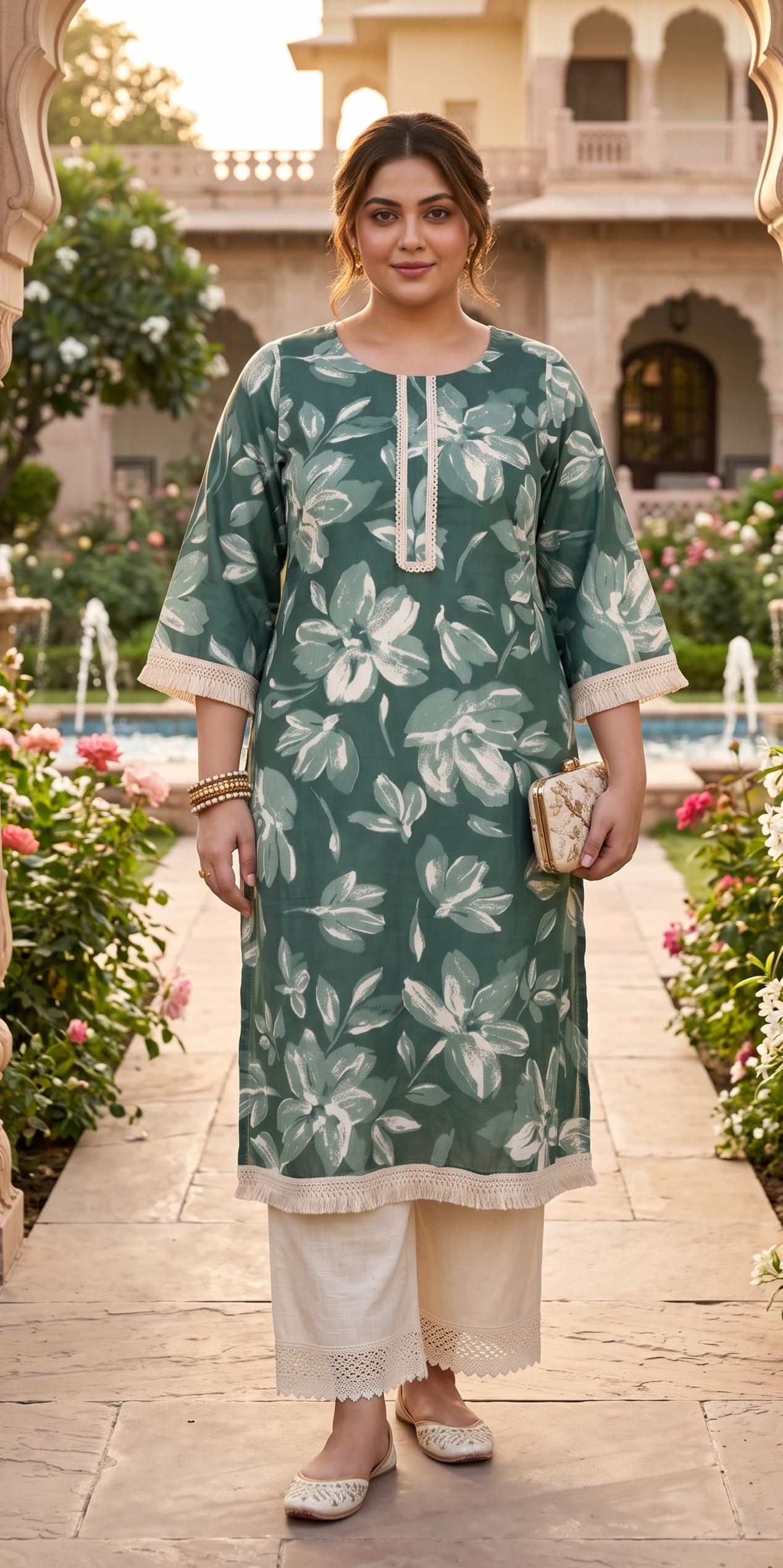 Deep Forest Green Floral Print Cotton Kurta