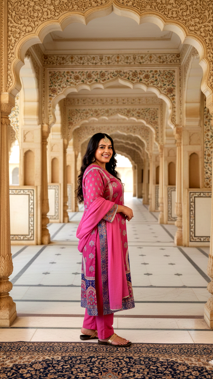 Fuchsia Pink Satin Digital Print Kurta Set